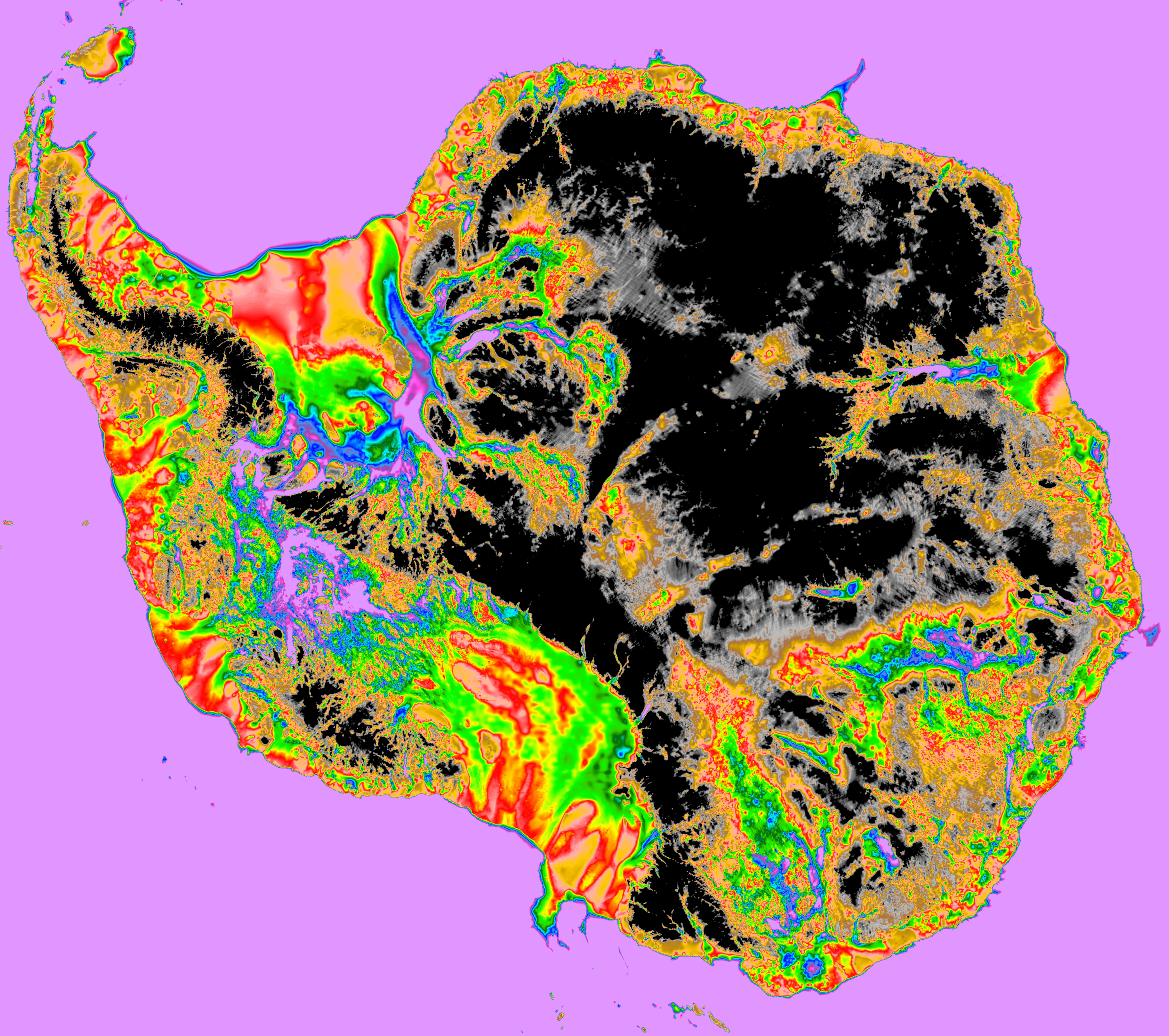 Antarctica bedrock elevation topography map showing subglacial terrain (1km resolution)